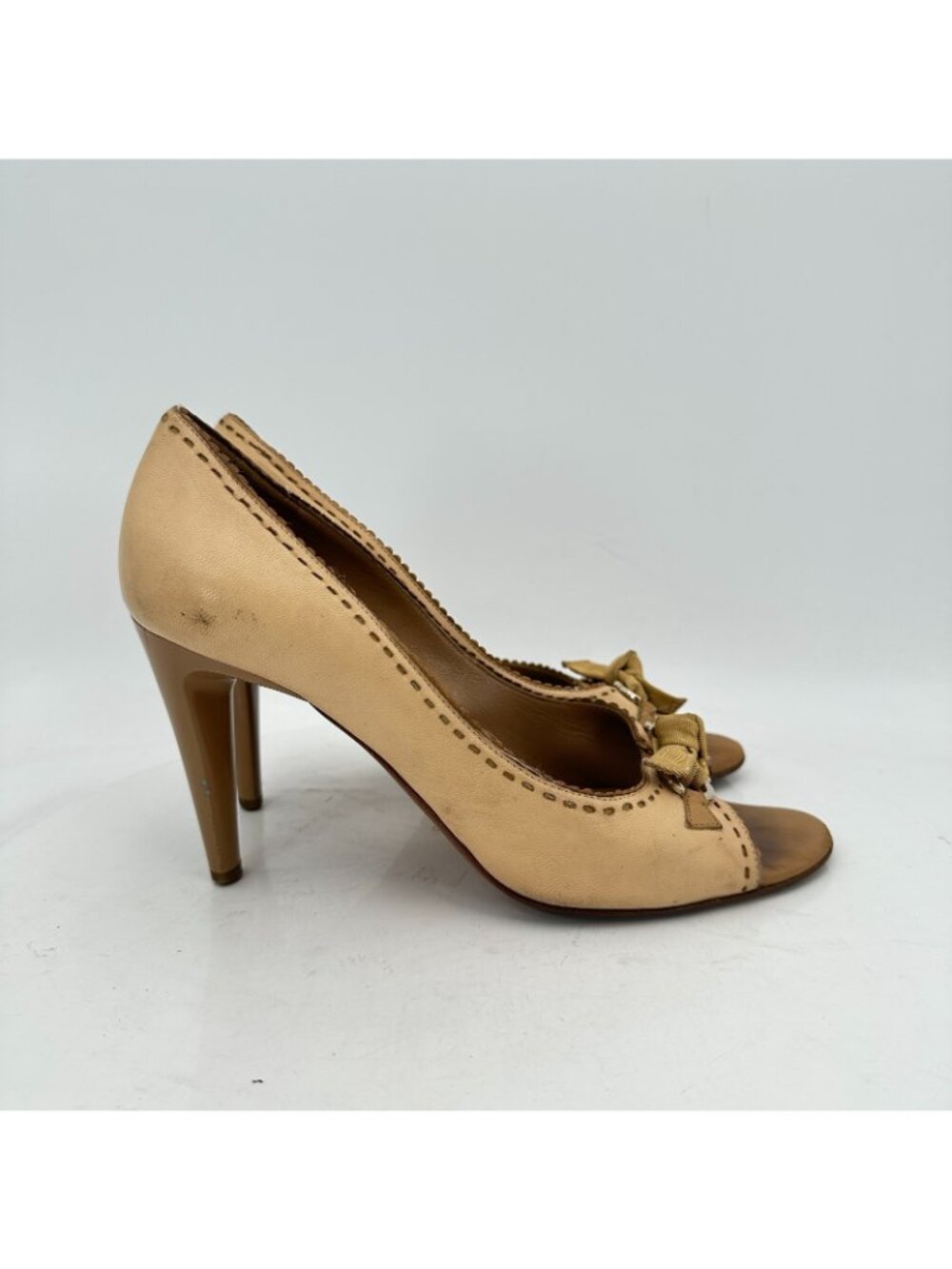 Salvatore Ferragamo Women Size 7.5C Brown Leather Bow Peep Toe Pump Heel Shoes - Picture 4 of 11